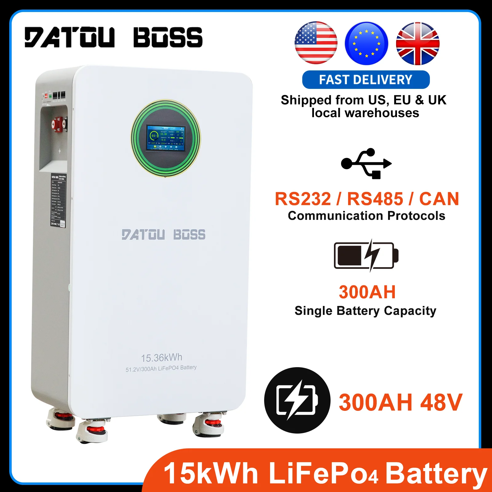 DATOUBOSS 15kwh lifepo4 batterie 300Ah 48V 8000 Cycles Support avec écran tactile Datouboss amovible LiFePo4 pour utilisation sur RV