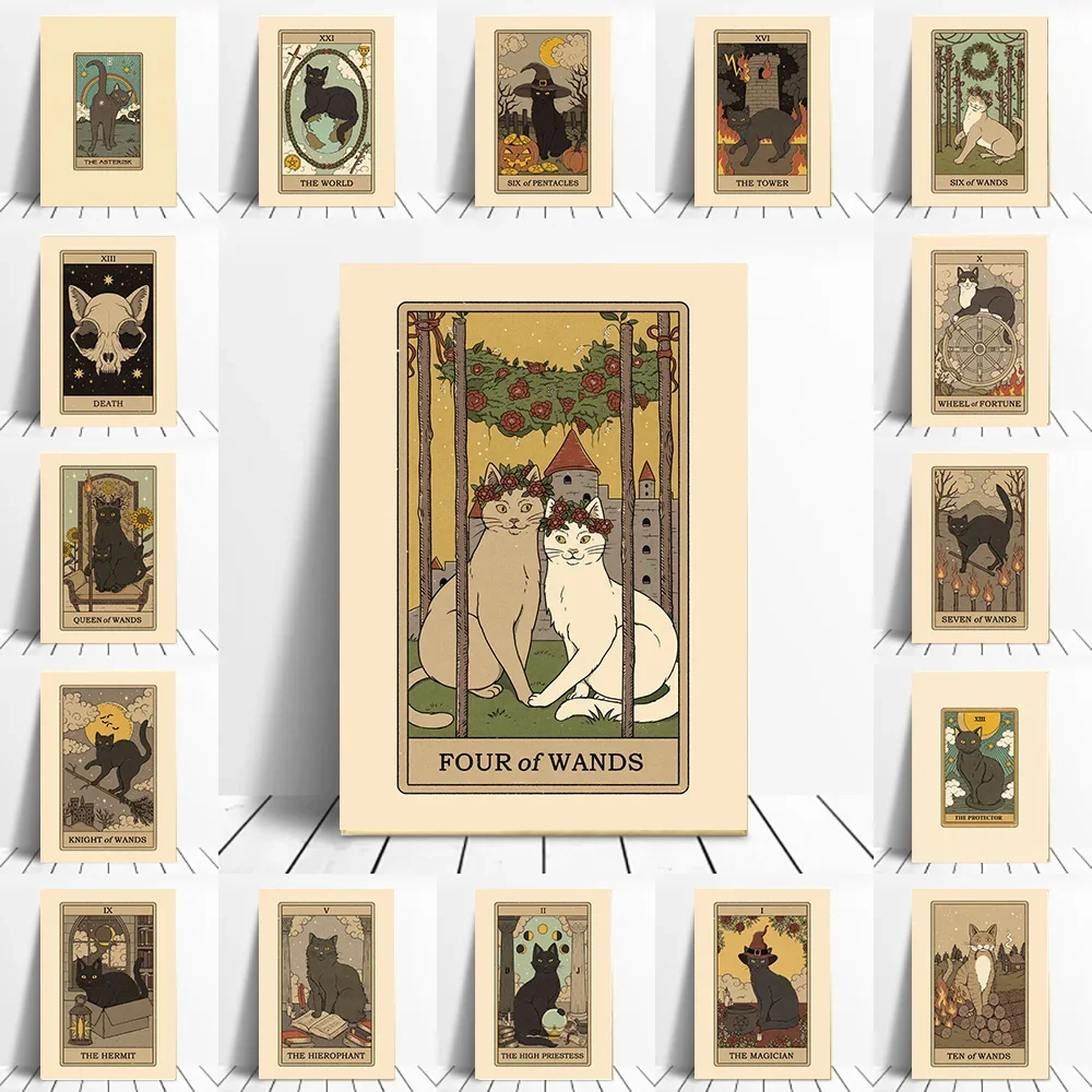 Funny Cat Tarot Posters World Tower Magician High Priestess Canvas Painting Modern Wall Pictures Halloween Gifts Home Decor