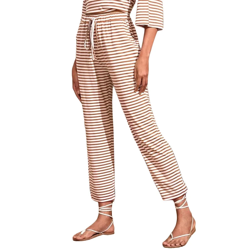 European and American New Instagram Qomen's Casual Home Striped Loose Straight Cropped Pants