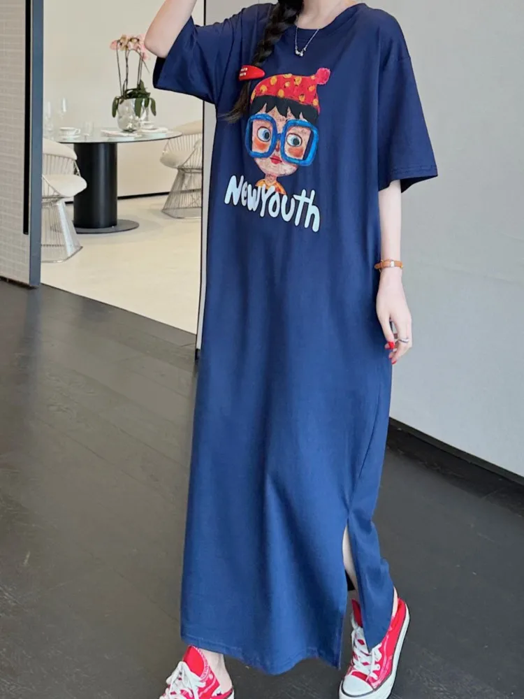 Abito lungo estivo allentato in cartone animato da donna Taglie forti Girocollo coreano Manica corta Stampa Abito t-shirt grande da donna