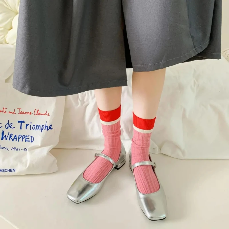 Kaus Kaki Wanita Rajutan Katun Kaus Kaki Tinggi Anak Perempuan Sekolah Bergaris Kasual Kaus Kaki Tabung Tengah Pakaian Jalanan Retro Harajuku Gaya Korea Wanita