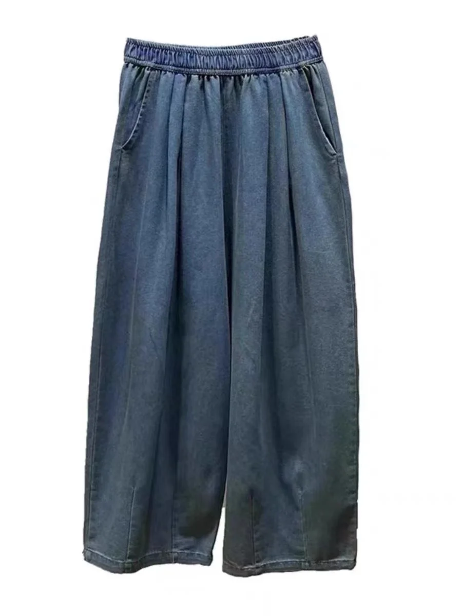 Celana Jeans Wanita High Waist Vintage Warna Pudar Model Kaki Lebar Tipis Musim Panas, Celana Sembilan Bagian High Waist Kaki Lebar Vintage Warna Pudar