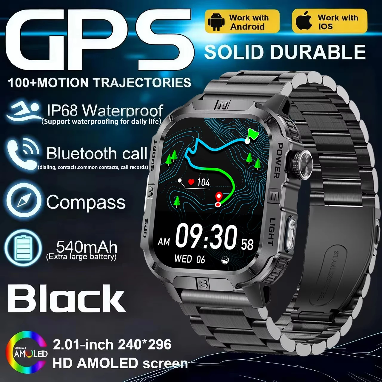 

2026 Новые военные уличные умные часы для мужчин с GPS Bluetooth-вызовом 2,01 дюйма AMOLED 3ATM Водонепроницаемые спортивные умные часы для XIA0MI