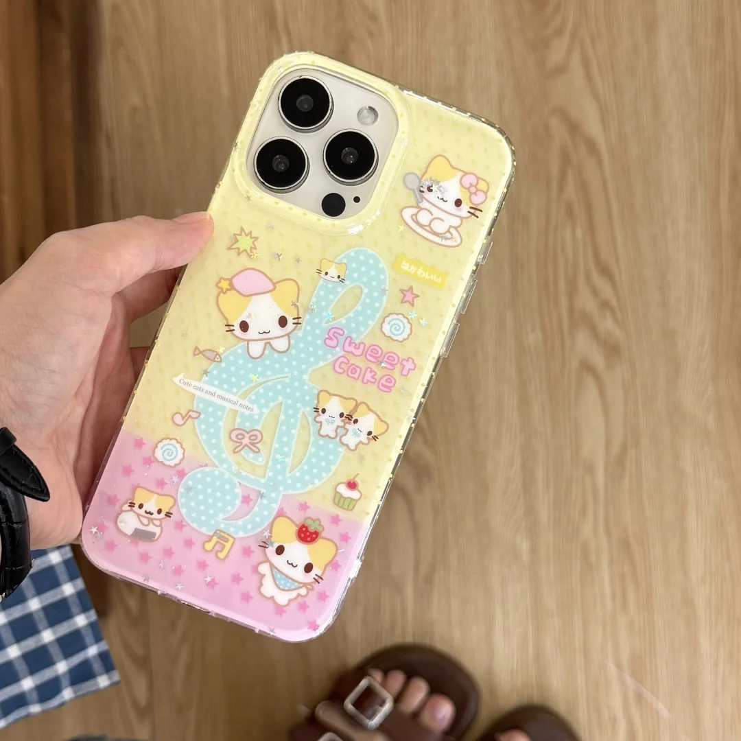 

Korean Cute Cartoon Music Cat with Bracelet Phone Case For iPhone 16 15 14 13 Pro Max Shockproof Lens Protective Soft Cover