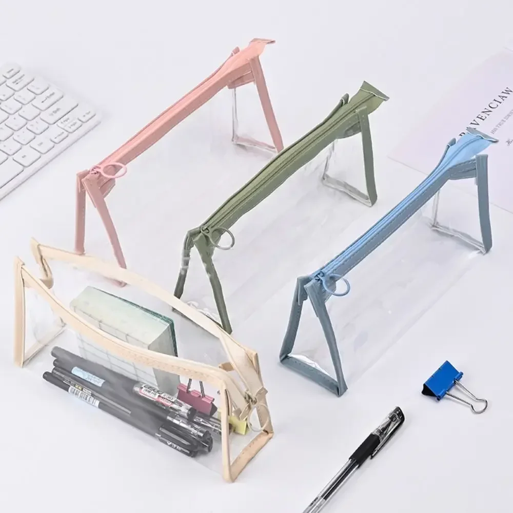 Transparent Triangular Pencil Case Fashion With Zipper Large Capacity Storage Bag PVC Stationery Holder Bag Student