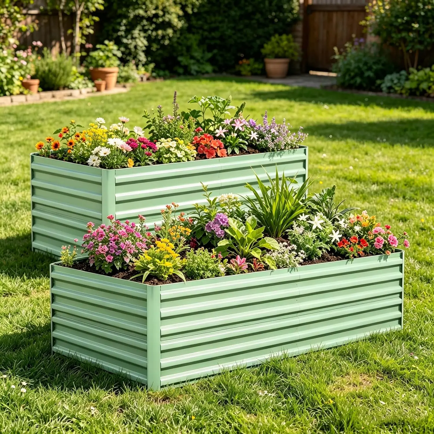 Galvanized Steel Square Raised Garden Bed 2 PCS, Metal Outdoor Planter Box for Vegetables Flowers Herbs, Sturdy Durable Gardening Planting Container