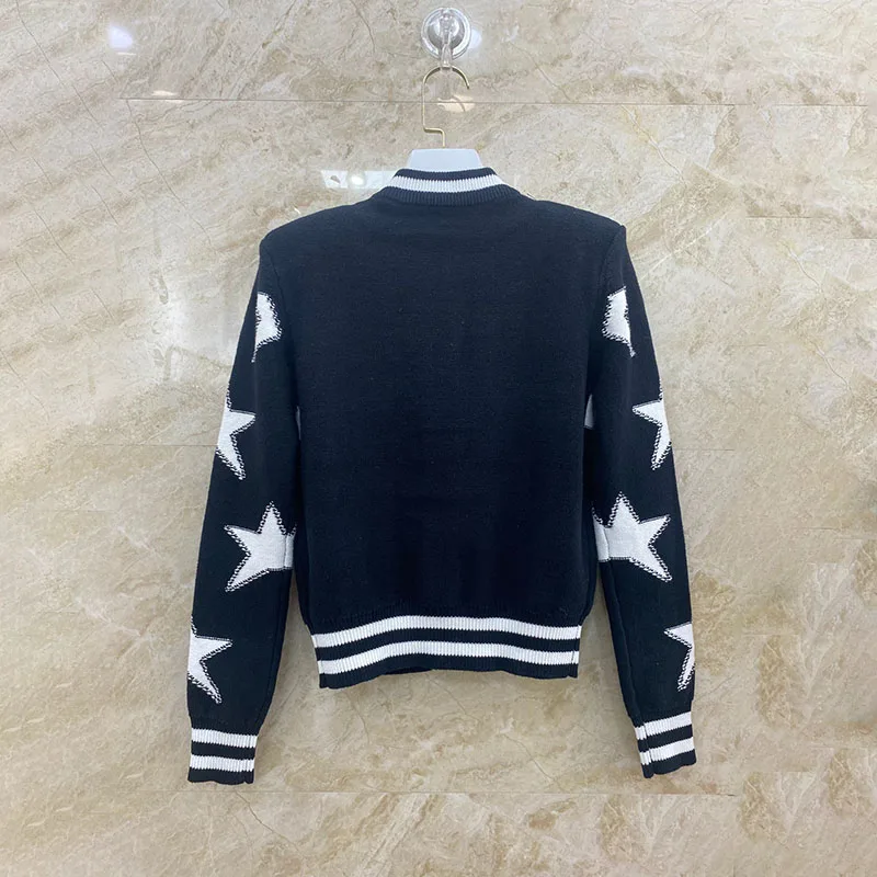 spring and summer black and white color collision patchwork pentagram round neck wool knitwears2023 loose casual long sleeve top