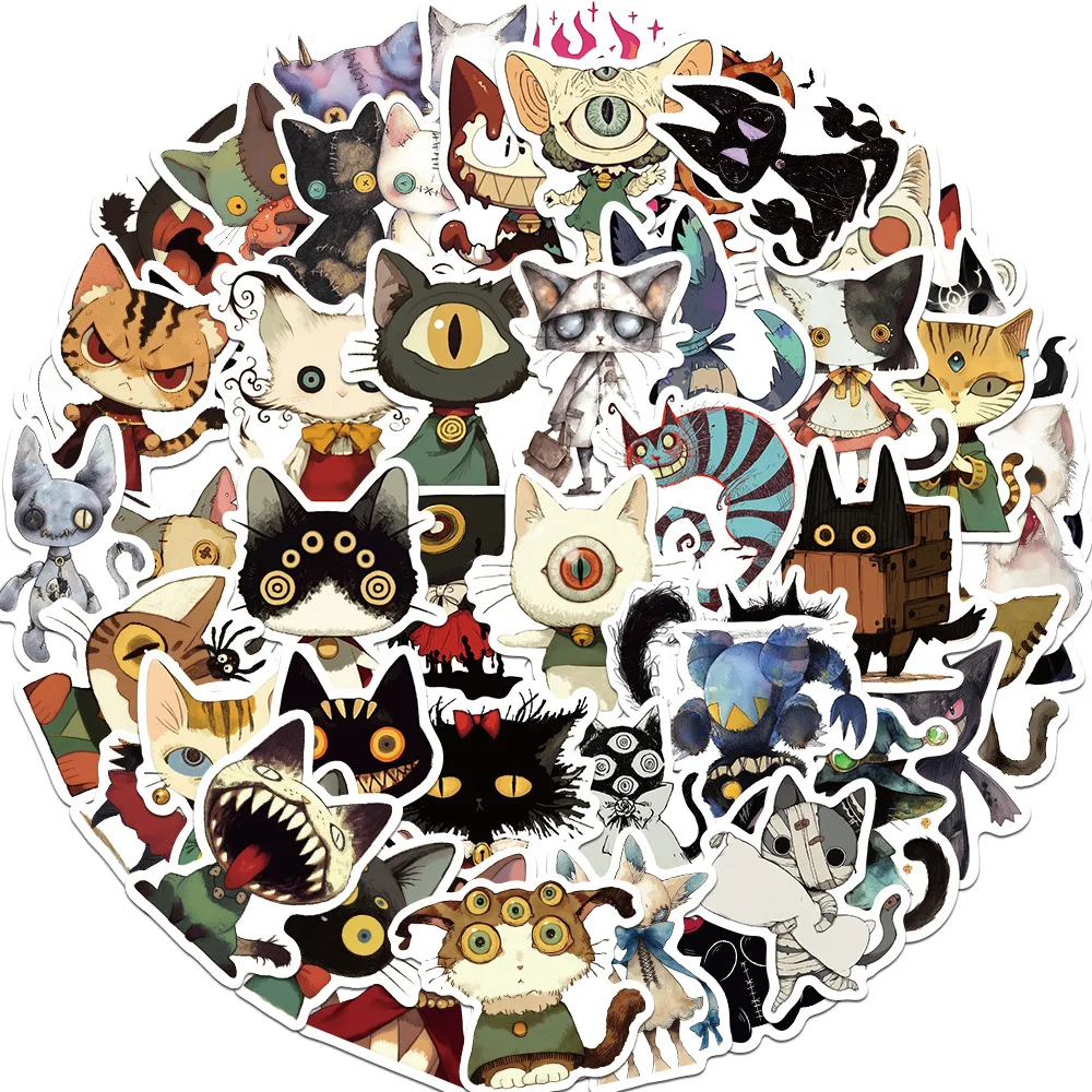 50PCS Halloween Horror Gothic Cartoon Weird Cat Stickers DIY Luggage Laptop Phone Case Skateboard Sticker Toy