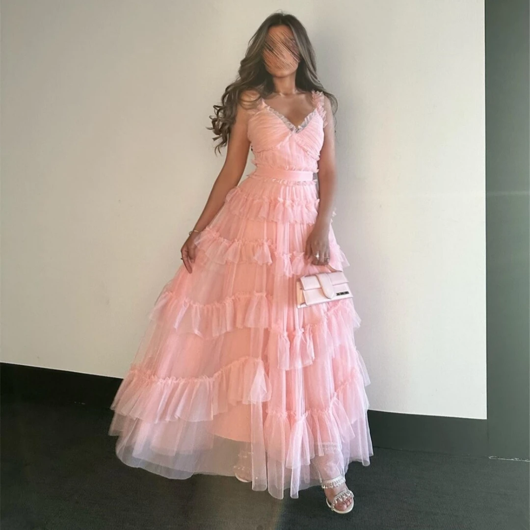 

Fashionvane Pink Tulle Tiered A Line Prom Dresses Spaghett Straps Vestidos Party Evening Saudi Arabia Women Wear Formal Gowns