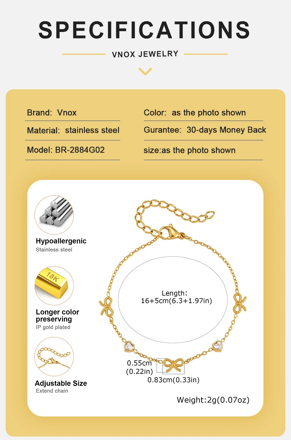 Vnox Vergoldetes Schleifenknoten-Herz Charm-Armband für Frauen, Trendige AAA Zirkonia Schleifenknoten-Halskette Ästhetischer Schmuck Wasserfest – Detail 4