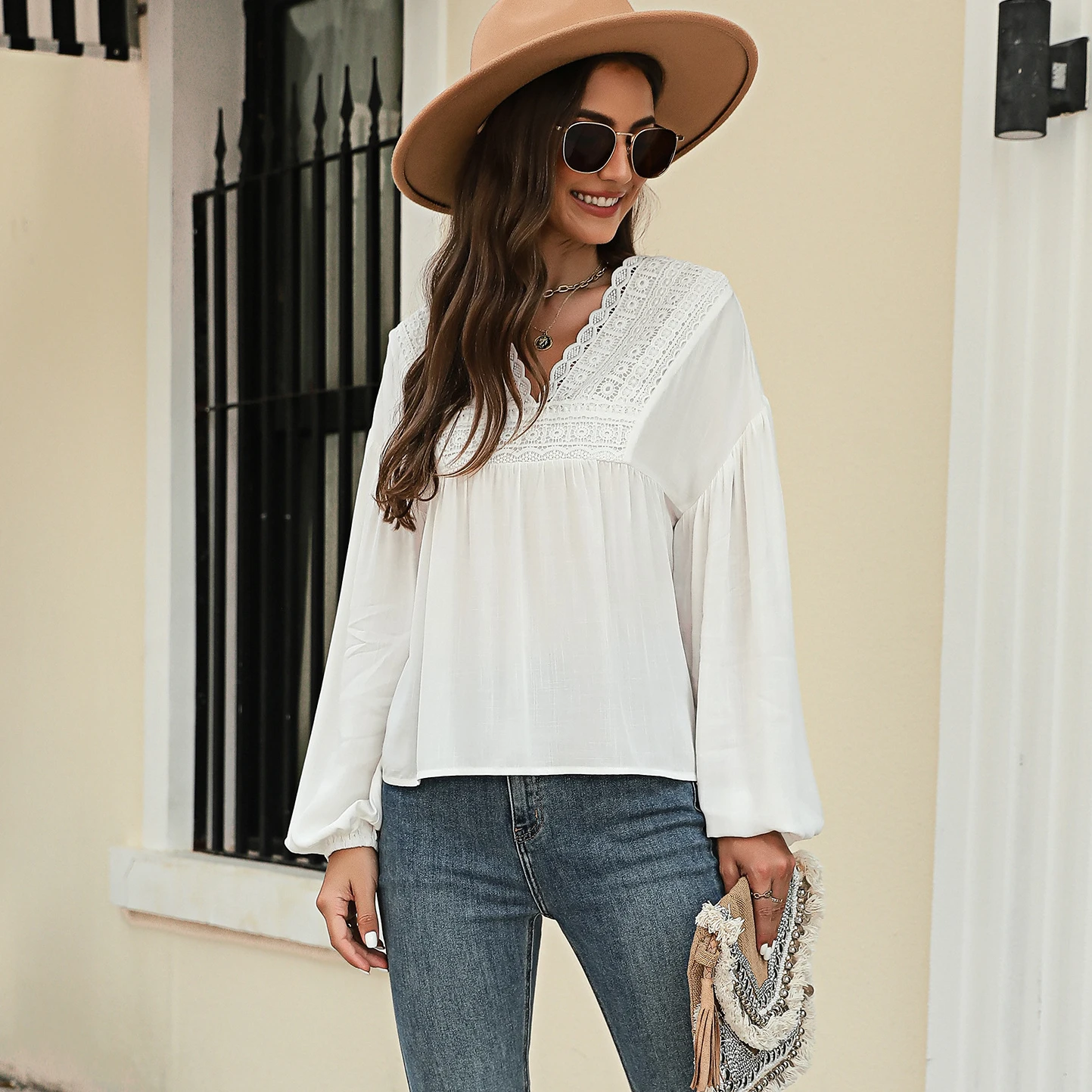 TEELYNN Casual Long Sleeve Lace Blouses Shirt for Women Tops Vintage Cotton Rayon Loose Boho Beach Blouse Spring Summer 2023