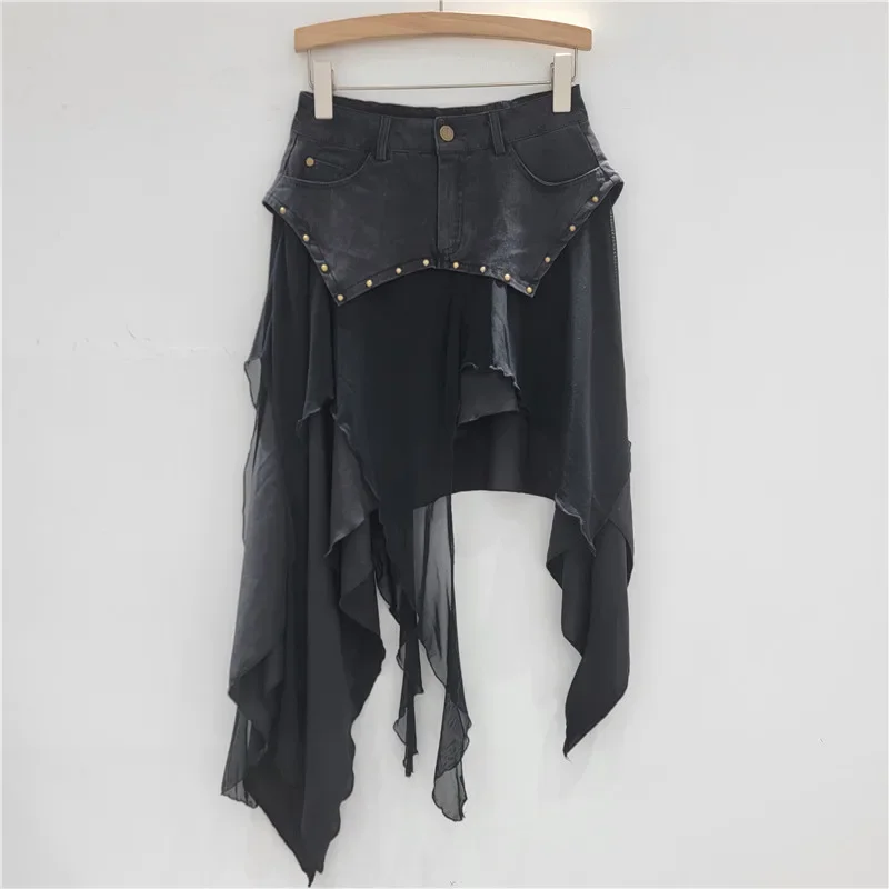 

European and American Heavy Industry Irregular Ruffle Edge Chiffon Yarn Splicing Elastic Denim Slim Versatile Skirt for Women