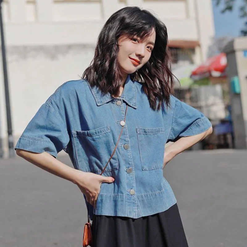 Shirt Women Summer Denim Chic Retro Design Baggy Stylish Popular All-match Fashion Pockets Korean Style Classic Teenagers Ins