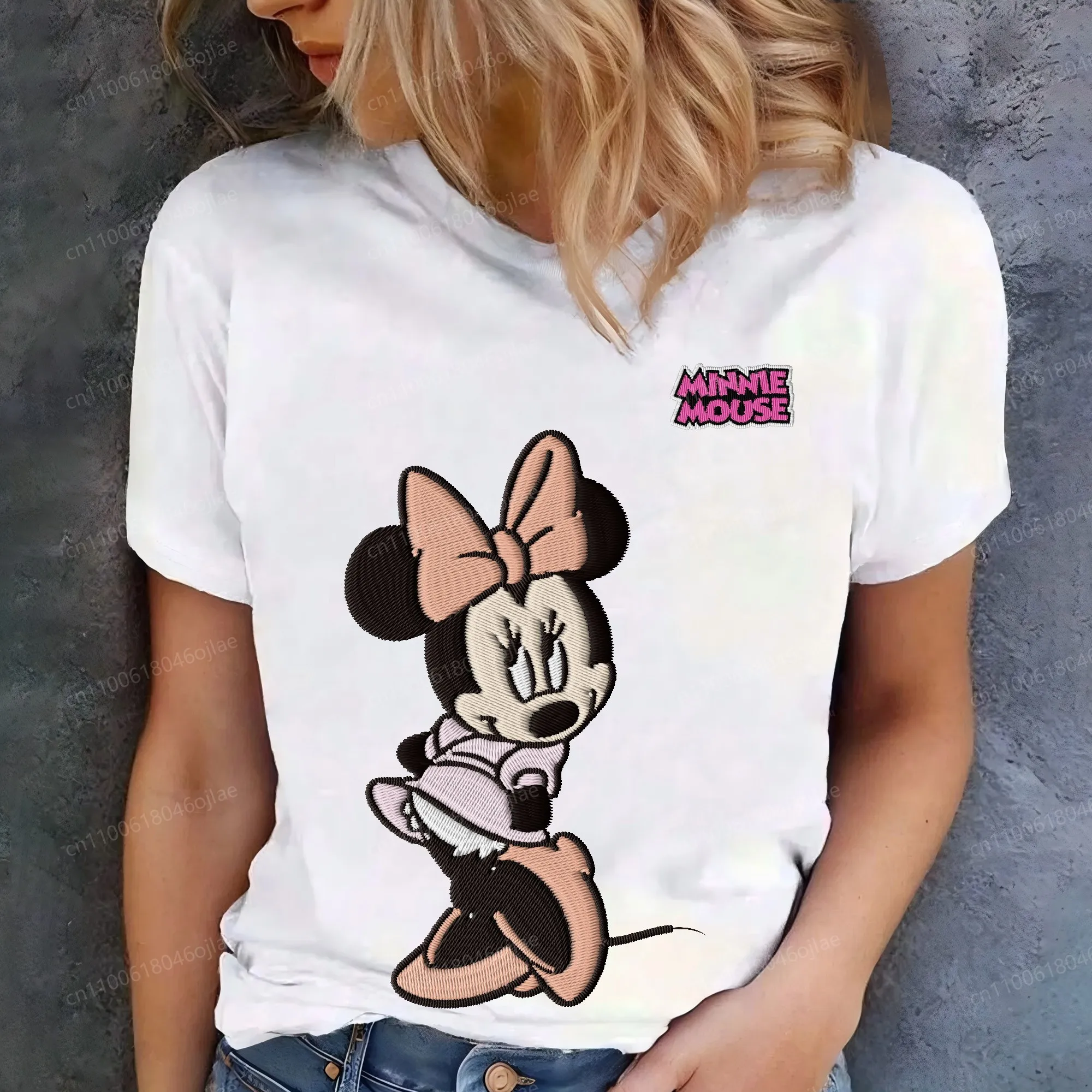 

Tops Woman 2025 Embroidery 3D Printing Minnie Mouse Combed Cotton O-neck Y2k Clothes Short Sleeve Women's T-shirt Summer Texture
