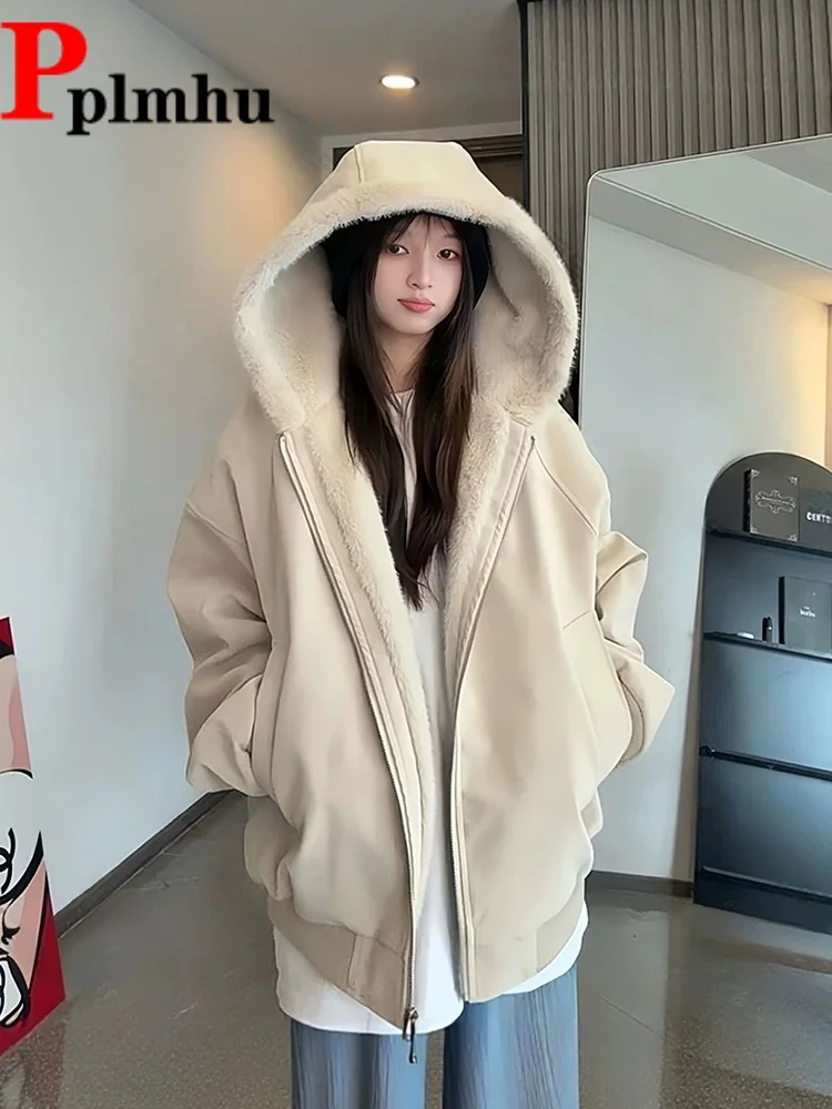 

Hooded Thickened Warm Jackets Coat Women's Casual Baggy Long Sleeves Chaquetas Loose Velvet Korean Fashion Zipper Jaquetas