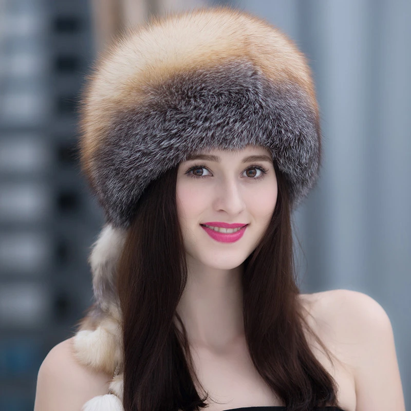 Winter Fur Hat Women Natural Raccoon Fox Fur Russian Hats Winter Outdoor Thick Warm Bomber Ears Caps