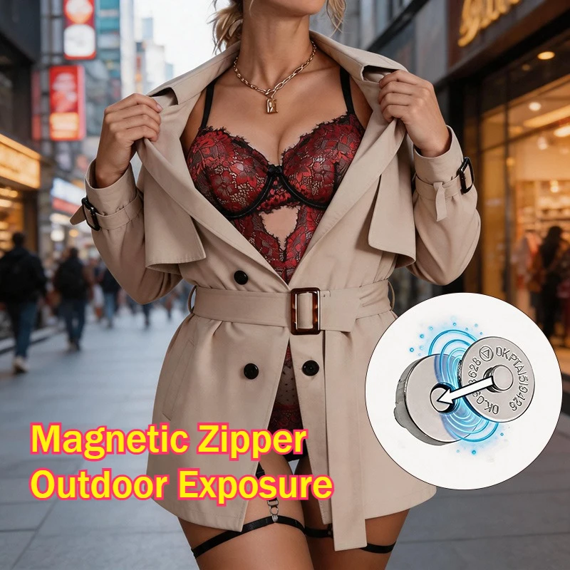 Women's Sexy Quick Take Off Coat Trench with Magnetic Button Outdoor Sex Exposed Play Erotic Jackets Bondage Panties Dancewear