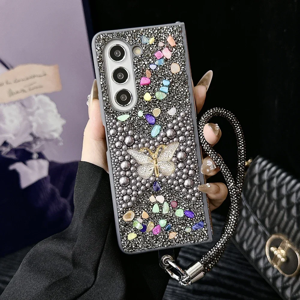 Luxury Shining Pearl Butterfly Hard PC Phone Case For Samsung Galaxy Z Fold 7 6 5 4 3 5G Cover With Rhinestone Portable Bracelet