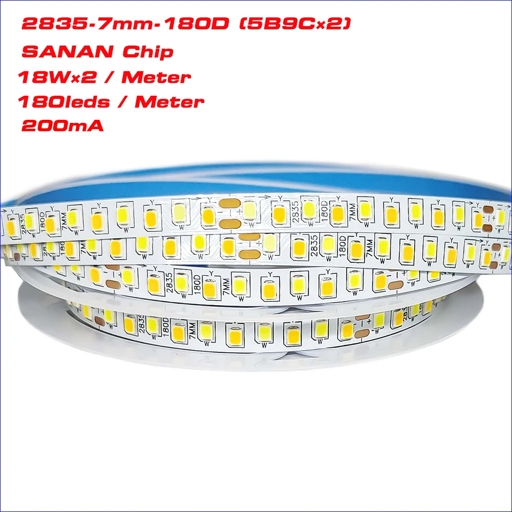 Highlight 5meters 2835-180D 5B9C×2 200mA SANAN Chip Constant Current LED Strip 18W×2/Meter 3colors Work with LED Driver