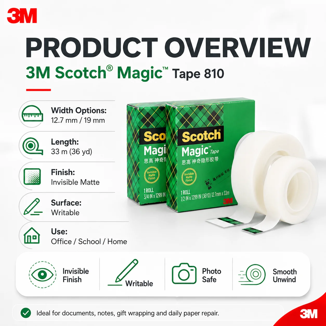 Original 3M Scotch Magic Tape 810 Invisible Matte Writable Tape for Office School Paper Mending Gift Wrapping Photo Safe