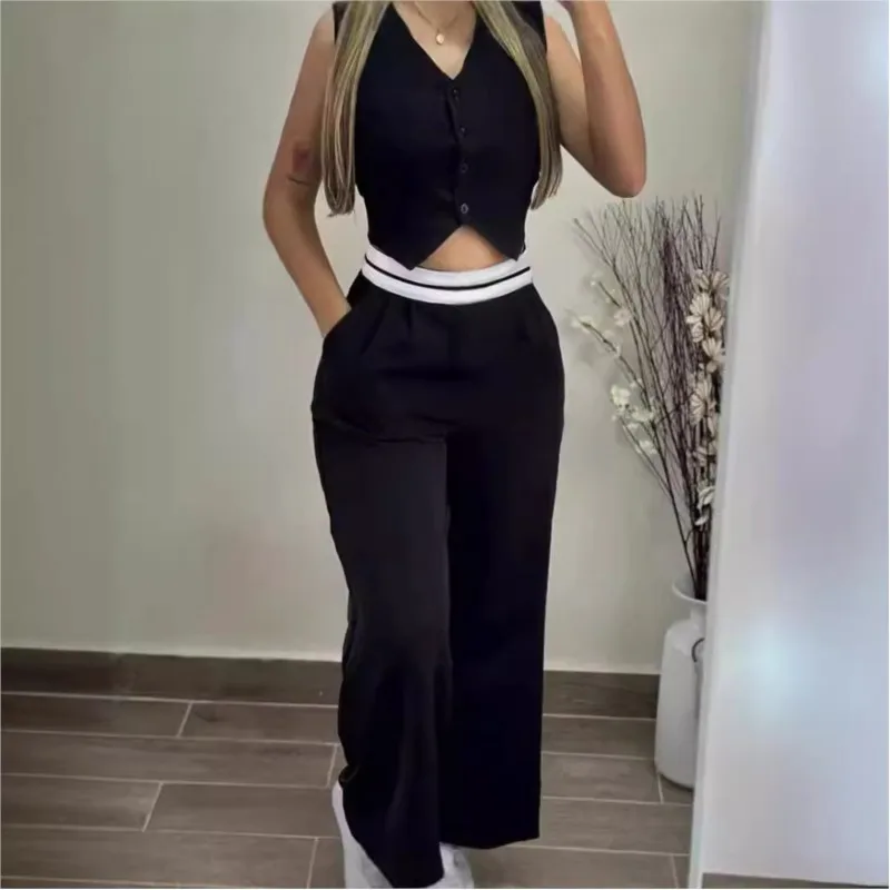Elegant Two Piece Sets 2024 V-Neck Buttoned Vest Sleeveless Top & High Waist Pocket Straight Pant  Casual Streetwear Pants Set