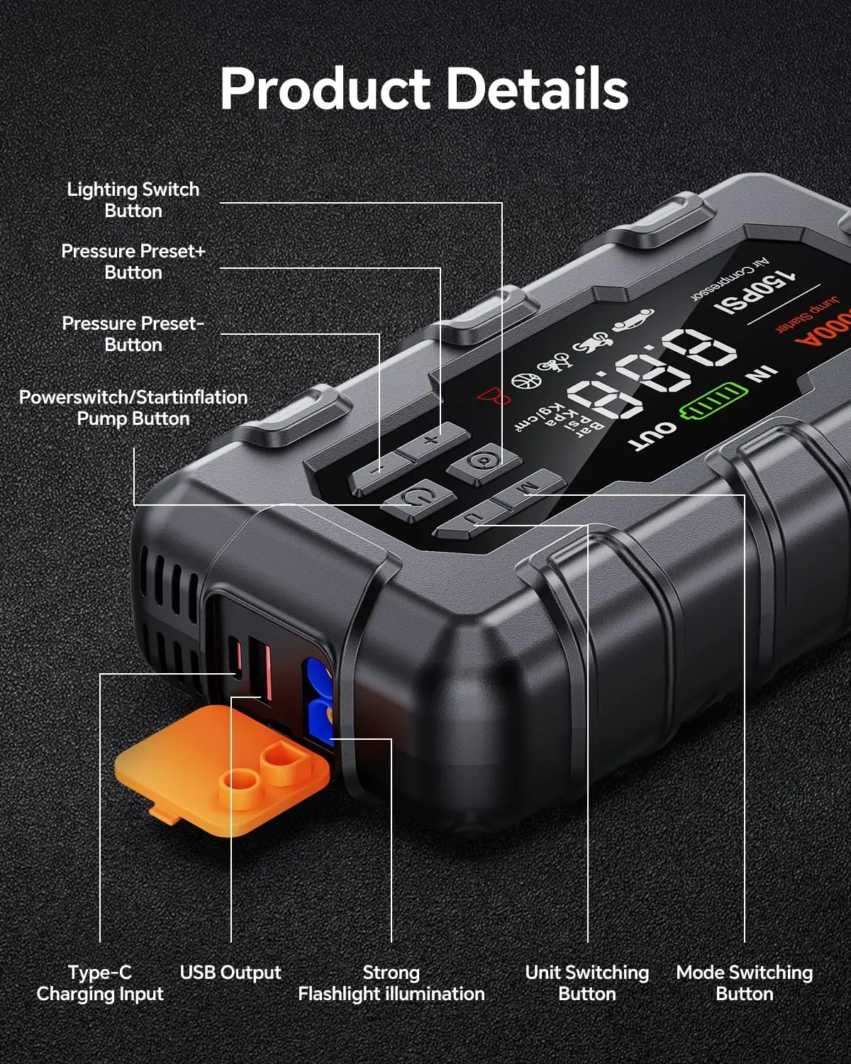 Jump Starter 5000A، 12V مع ضاغط هواء، PD 45W، ضوء LED، كابلات توصيل، شاشة، حقيبة تخزين