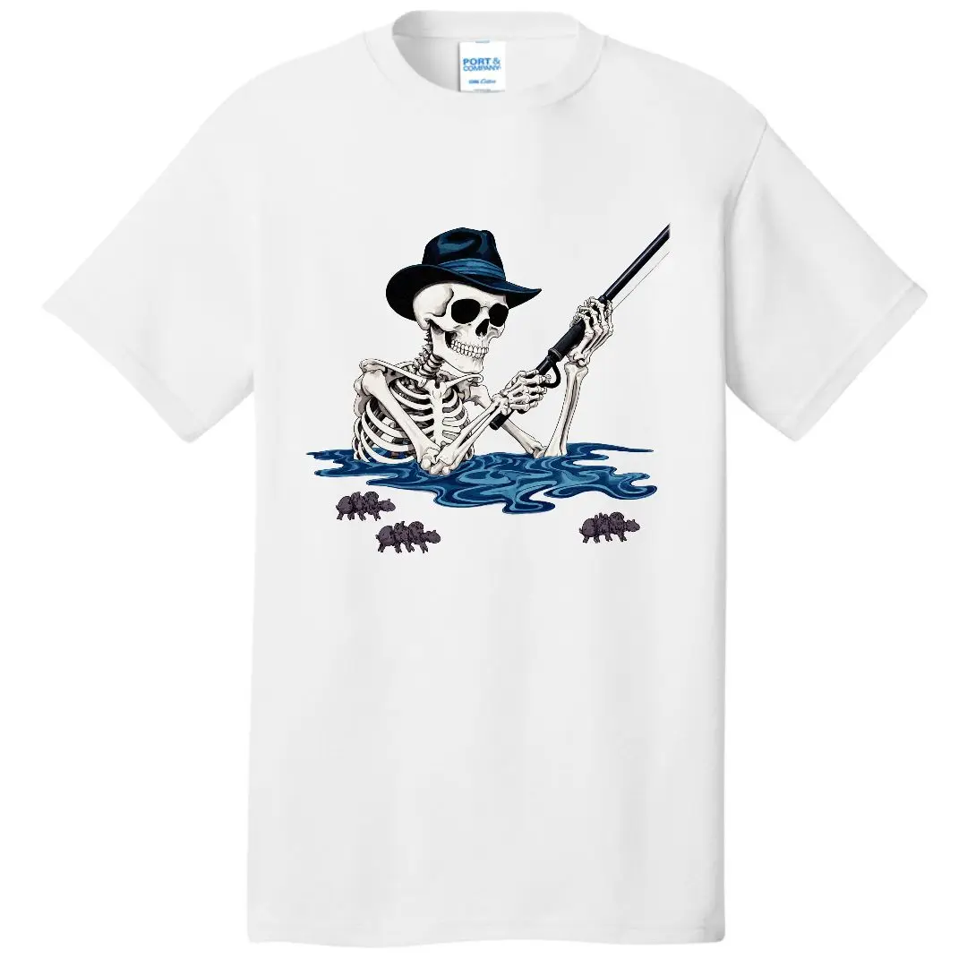 White T - shirt with Skeleton Graphic: Skeleton in Dark Blue Fedora Holding Rifle (Shotgun) Over Blue Wavy Water, Spider - Bug -