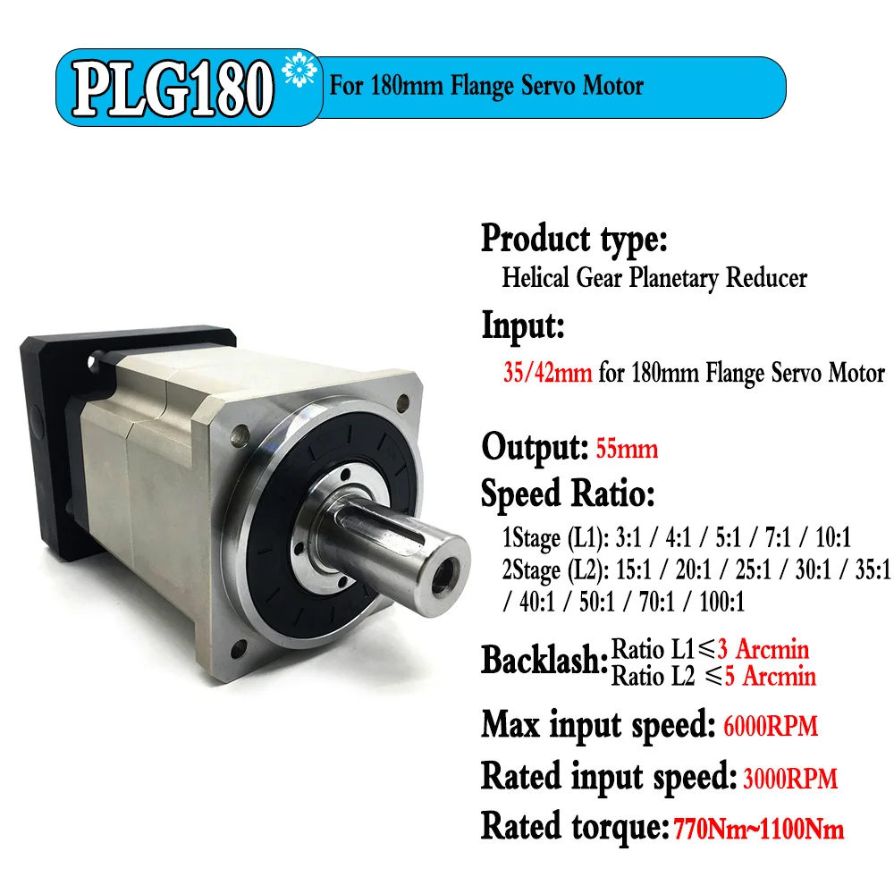 Helical Planetary Gearbox Gear Ratio 3 5 10~100:1 3Arcmin Reducer 35/42mm Input for 180mm 4kw 4.5kw 5.5kw 7.5kw 10kw Servo Motor