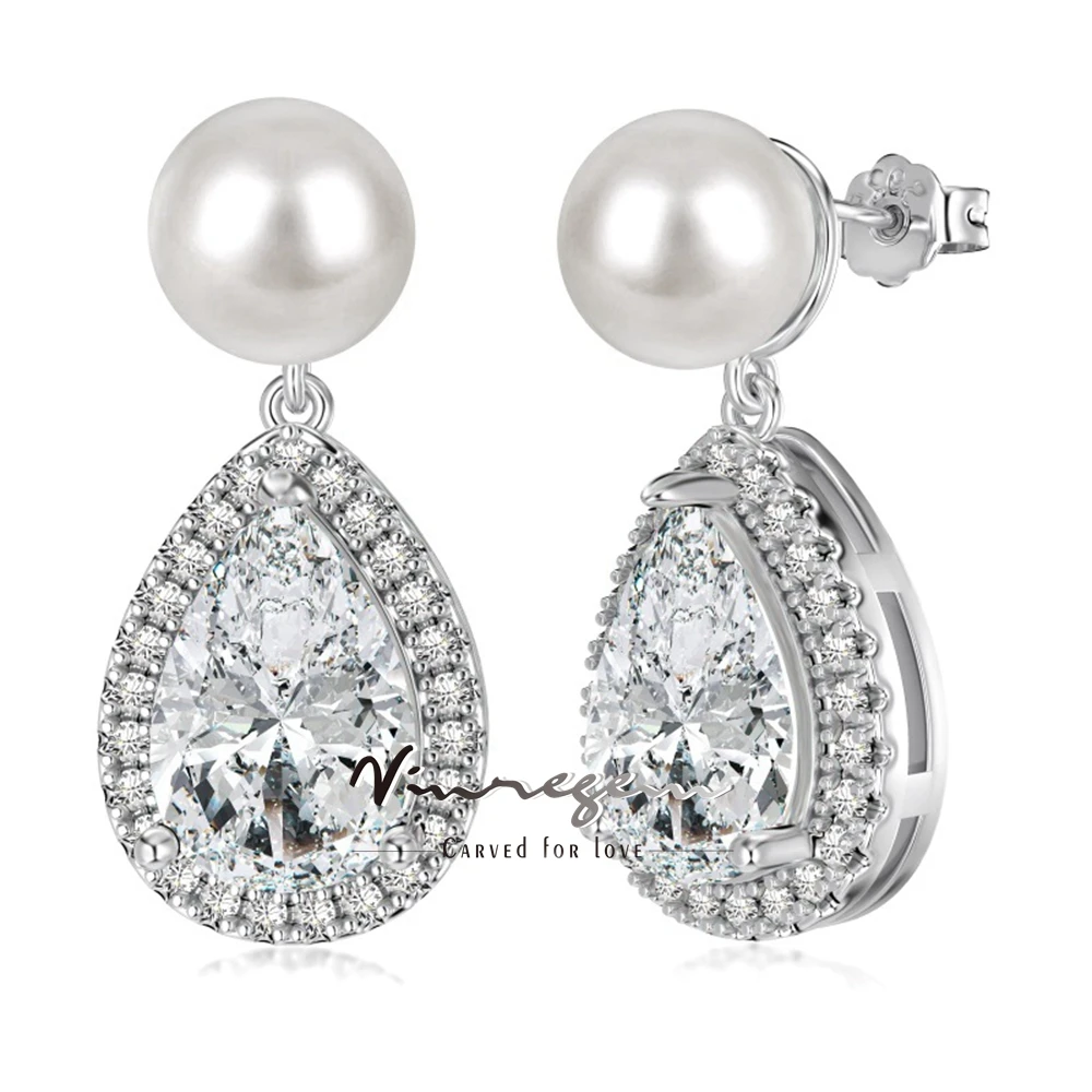 Vinregem 8*12 MM Pear Cut Sapphire Pearl High Carbon Diamond Gems Elegant Drop Earrings Studs 925 Sterling Silver Fine Jewelry