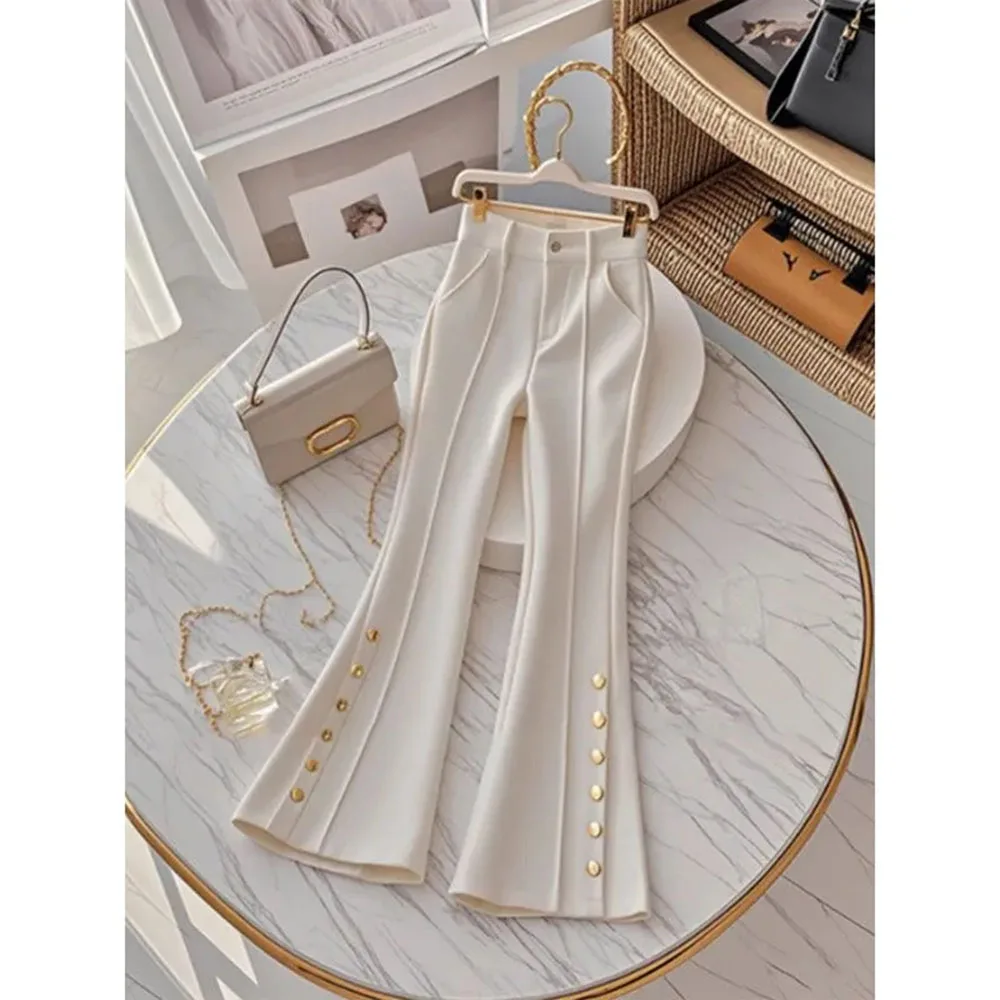 

Autumn Winter Ladies creamy white Pant High End Slim Micro Flared Pant Women Fashion Design Button Suit Trousers Casual Lady