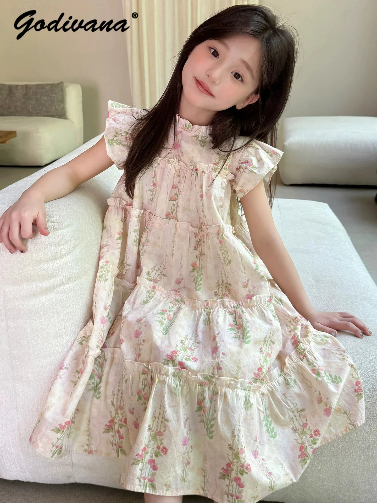 Sweet Baby Girls Summer 2026 New Floral Print Feifei Sleeve Princess Dress Kids Pure Cotton Loose Breathable Casual Cake Dress