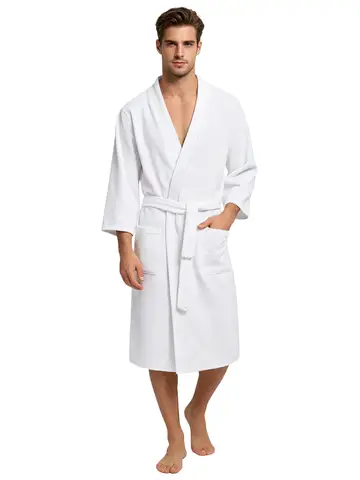 Mens Terry Cloth Bathrobe Kimono Collar 3/4 Sleeve Absorbent with Belt Pockets Soft Lightweight for Spa Hotel Home Loungewear