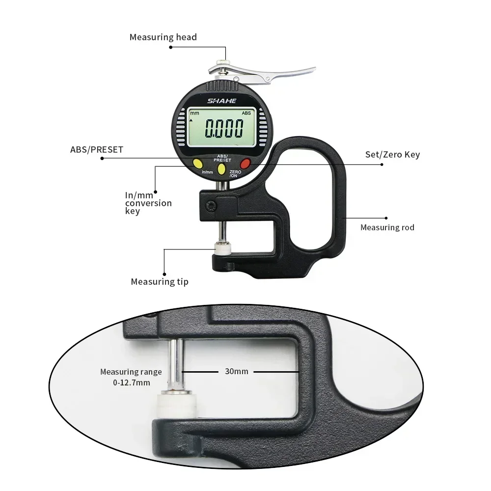 Spessimetro digitale SHAHE da 0-10mm spessimetro da 0.001mm Micron spessimetro per vetro/pelle