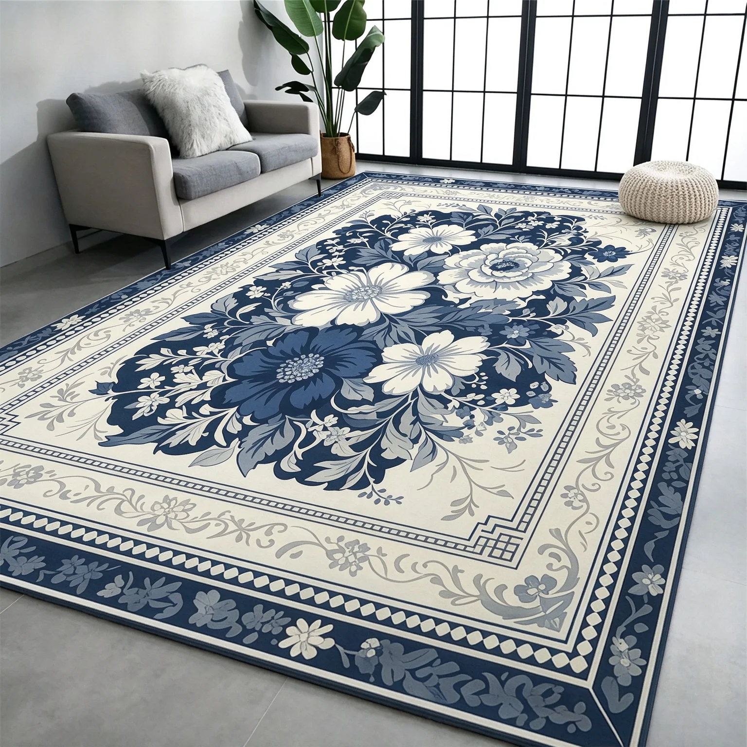 [2d Flat]New Chinese-Style Blue-and-White Porcelain-Inspired Floral Area Rug –Featuring Vintage Blue-and-White Peony and Scrollwork Border Patterns. Perfect for Living Rooms, Sofas, Bedrooms, and Studies.