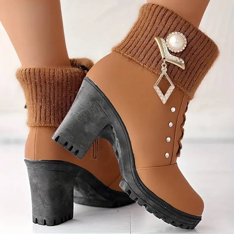 

Velvet insulated high-heeled women's boots, rhinestone decorated boots, and thick heeled women's short boots