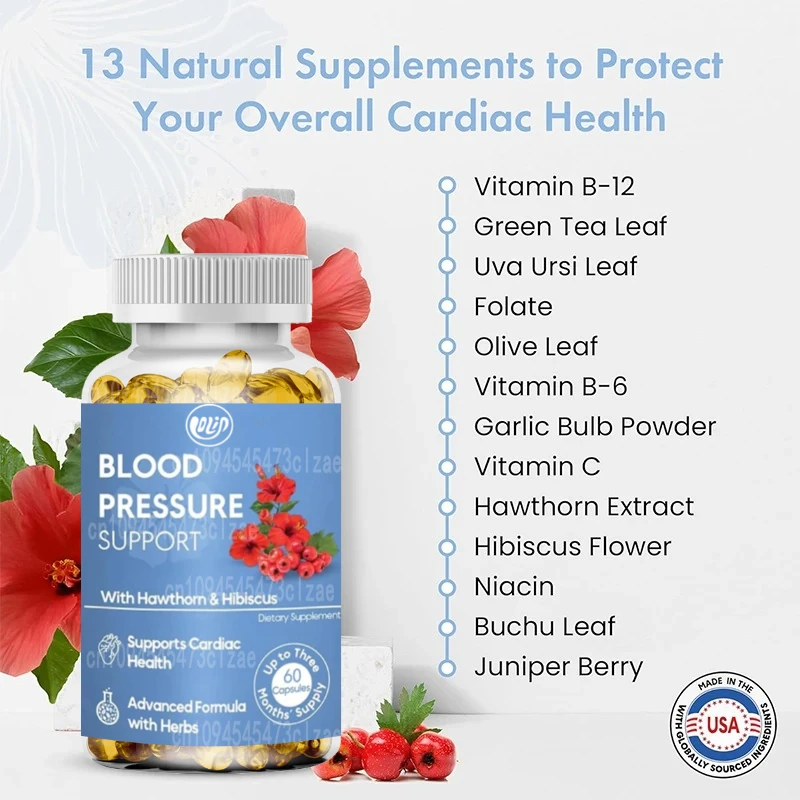 

Hawthorn Berry, Hibiscus, Garlic, Olive Leaf Supplement - Supports Blood Circulation and Heart Health -60 Capsules