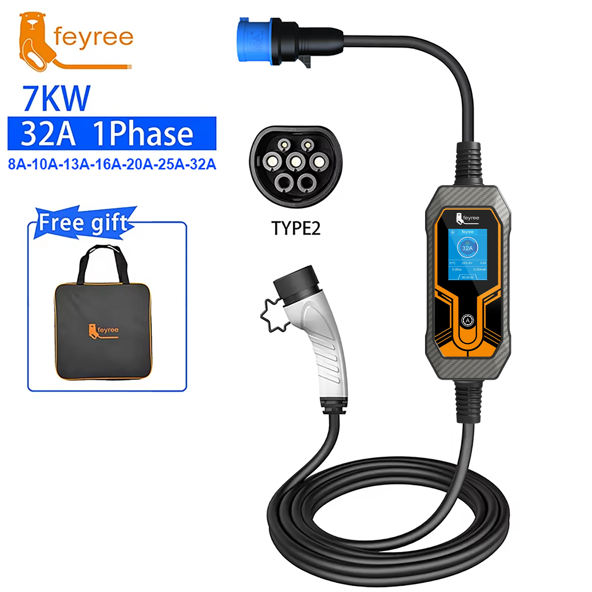 Fey123-Chargeur Portable EV pour Véhicule Électrique, Boîtier de Charge EVSE, Prise CEE, Vope1, J1772 Go/T, Câble de 5m, 7KW, 32A