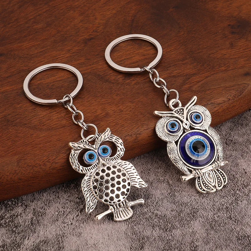 Religious Evil Eye Keychain Pendant Car Key & Keyring Silver Color Deep Blue Owl Animal Women Bag Accessories image 2