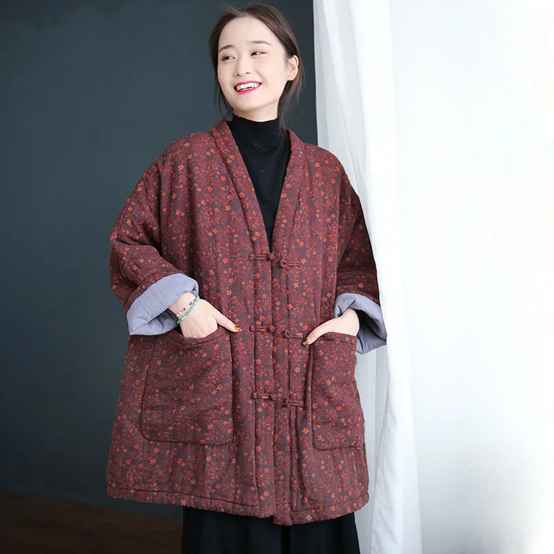 Garden Cotton Jacket Kimono Small Floral Hanfu Cotton-Padded Ladies Winter Chinese Clothing Retro Casual Loose Coat With Pocket