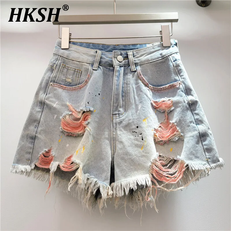 

HKSH 2025 Summer New Women Tide Punk Capris Y2K Tide Streetwear Fashion Ripped Shorts High Waist Slim A-line Denim Pants HK4812