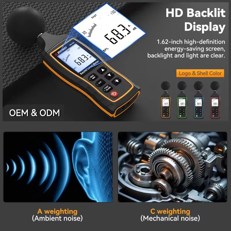 مقياس ديسيبل صناعي 30 ~ 130 ديسيبل ميكروفون مكثف بإضاءة خلفية عرض مقياس مستوى الصوت Oem