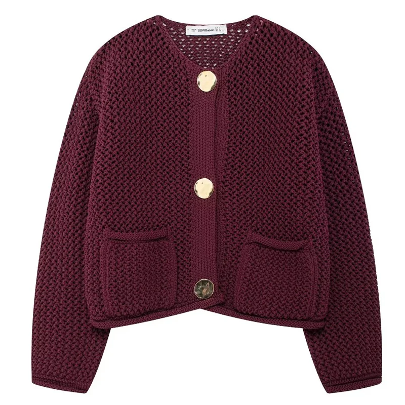 HXAO 2024 Woman Burgundy Crochet Cardigan For Women Autumn Cropped Knit Outerwears Loose O-Neck Long Sleeve Top Women Knitwears