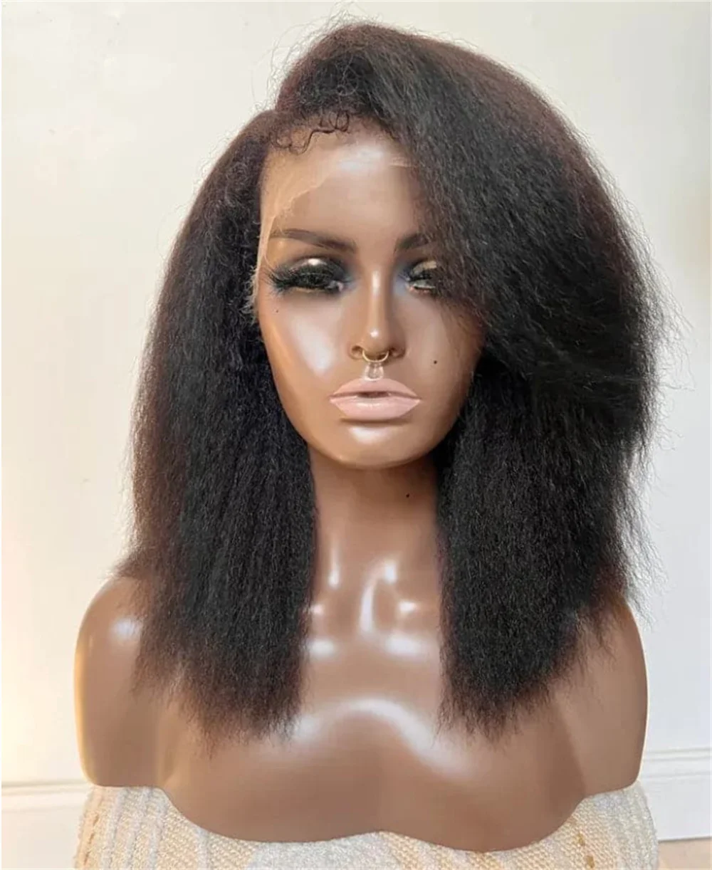 

Soft Black 16Inch Short Bob 180% Density Kinky Straight Lace Front Wig For Women With Baby Hair Synthetic Preplucked Glueless