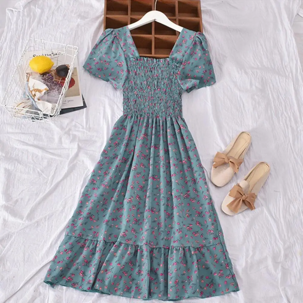 

Summer Women Short Sleeve Elastic Chest Wrap Sweet Dress Ruffle Floral Print Square Collar Large Hem Midi Dresses for women 2022