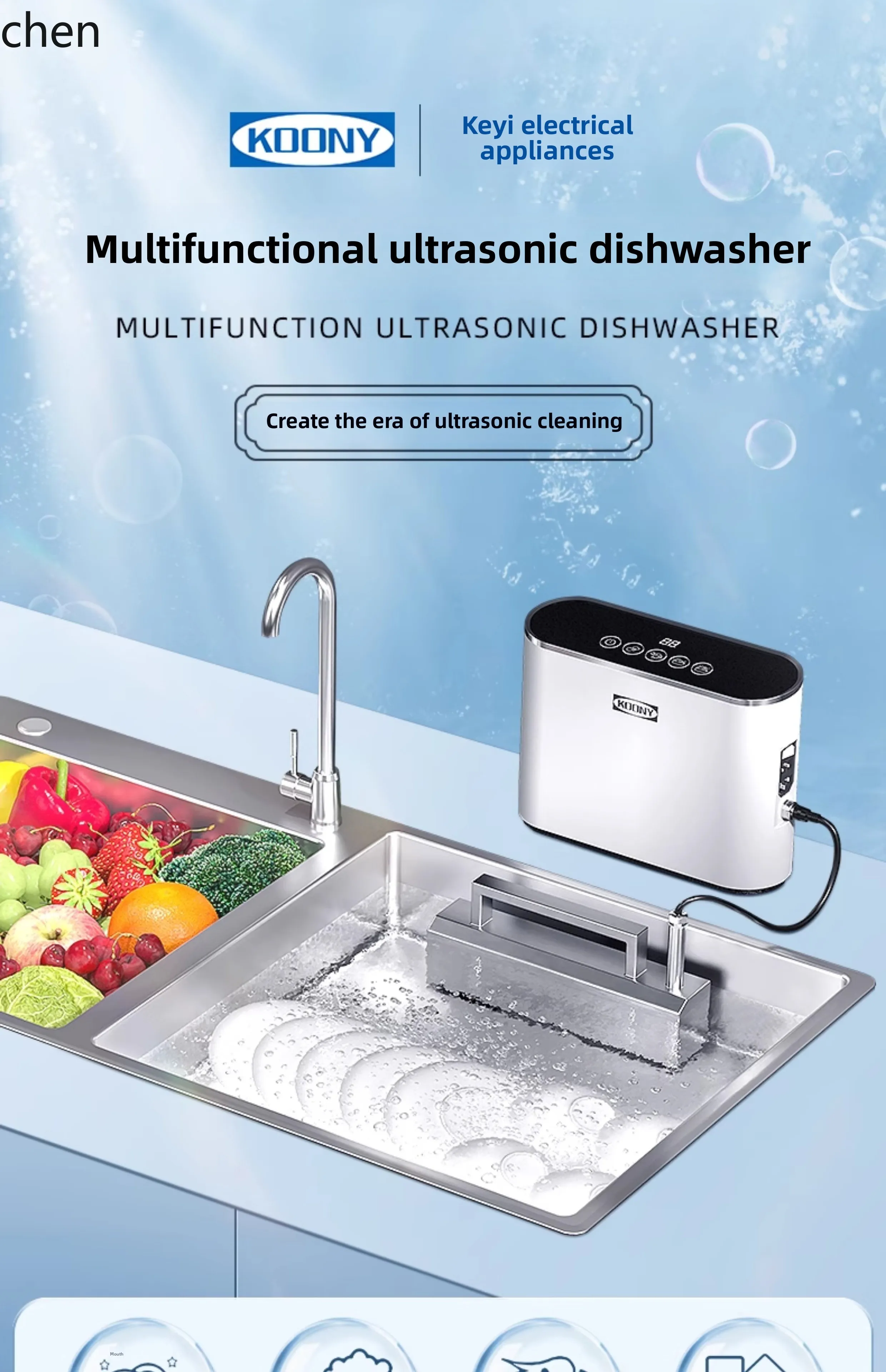 HTT Ultrasonic Dishwasher Small Fruit and Vegetable Washer Sink Desktop Installation-free Automatic KOONY/Keyi