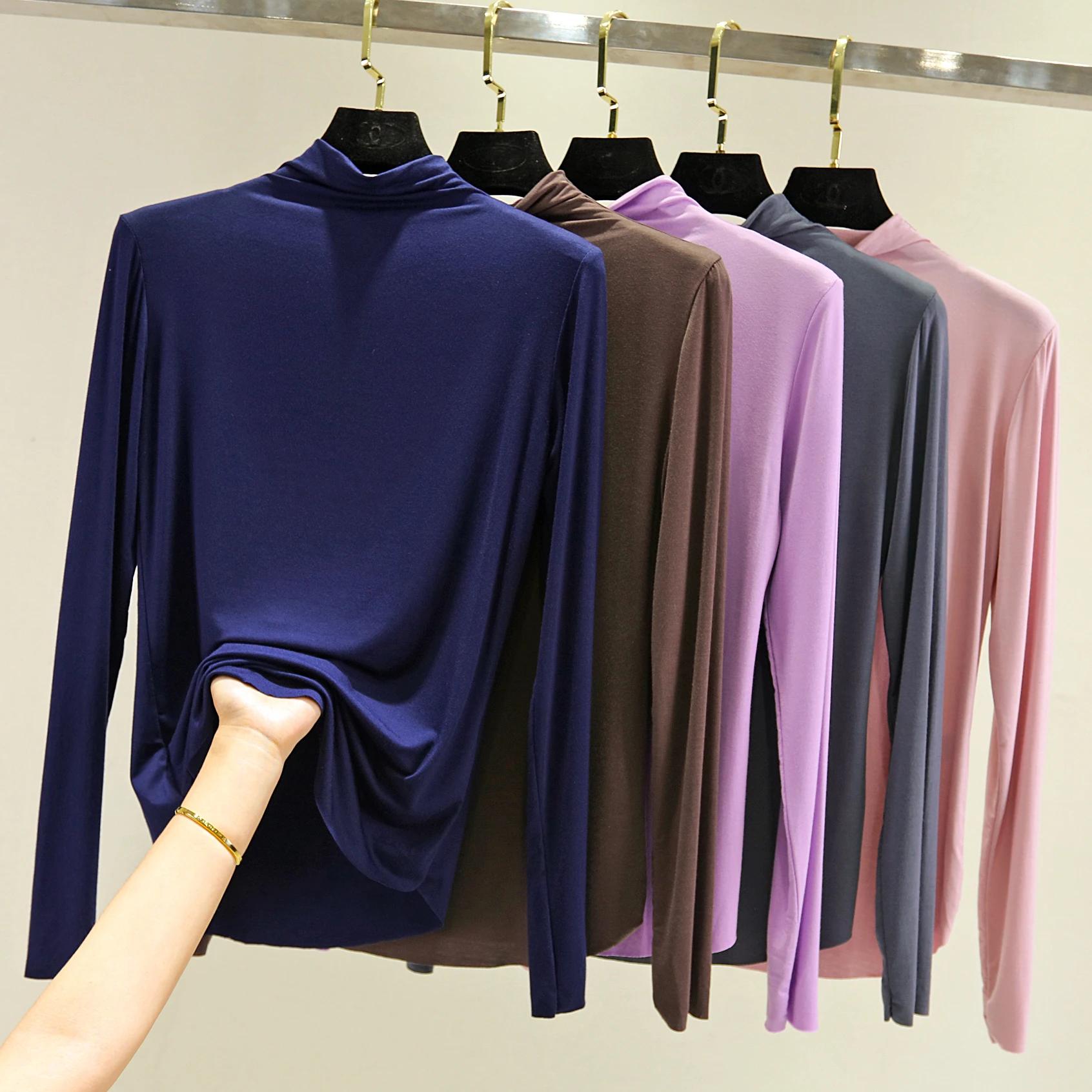 Slim Fit femmes Base irt f col haut Modal mince longue Sve T-irt Faionable toutes les saisons trajet Sle longueur régulière