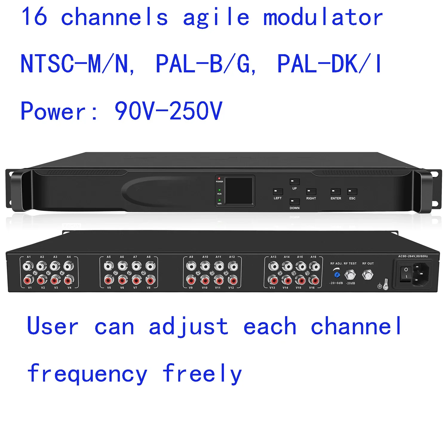 

16-channel cable TV agile analog modulator, AV to RF, hotel factory TV front-end equipment