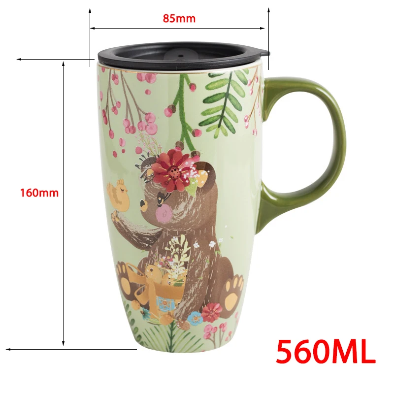 Hand-Painted Mug with Lid, Ceramic Cup with Lid, Large Capacity, Office, Home, Couple Gift, Hot Balloon, Bird, Sunflower, 560ml