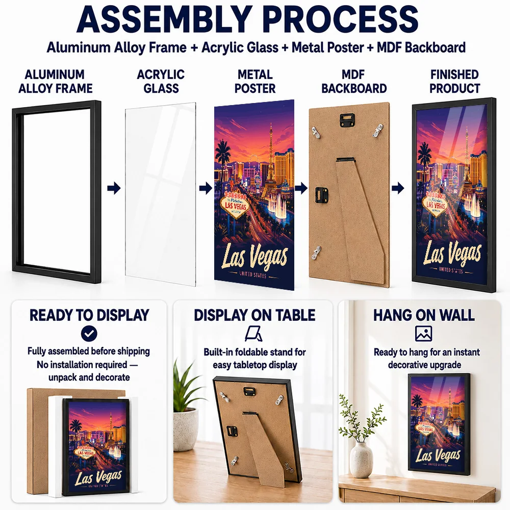 Las Vegas Strip At Sunset Framed Metal Poster Personalized Photo Modern Getaway Style Wall Art For Lounge Unique Traveler Gift