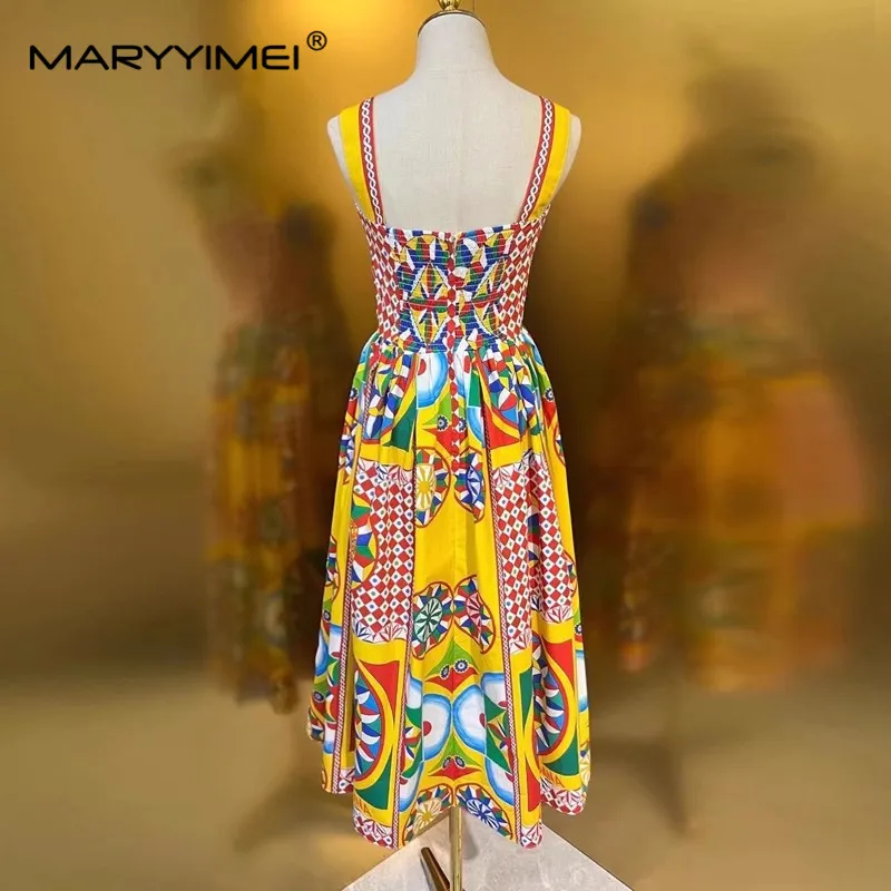 MARYYIMEI Elegant Dress Summer Spring New Fashion Design Women Runway High Street Vintage Plaid Flower Print Sicily 100% Cotton